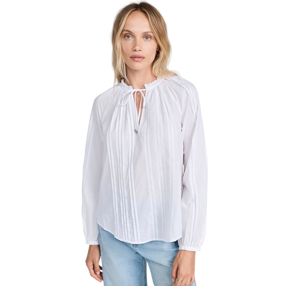 Veronica Beard "Jaxon" White Cotton Pintuck Pleated Ruffle Neck Tie Blouse XS